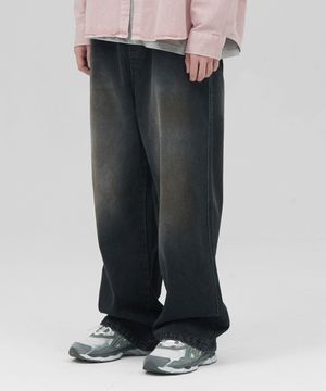 [M~4XL] 워싱 데님 밴딩 팬츠_블랙