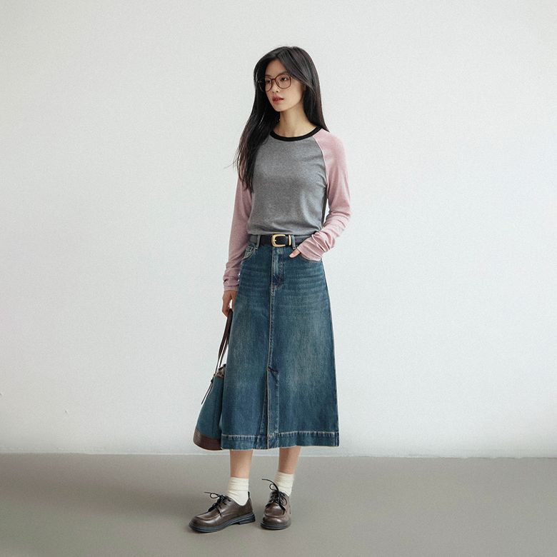 LS_A-line blue denim slit skirt