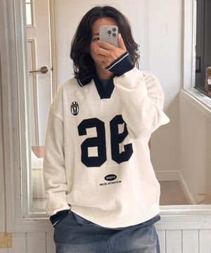 [M~4XL] 풋볼 카라 배색 니트_아이보리