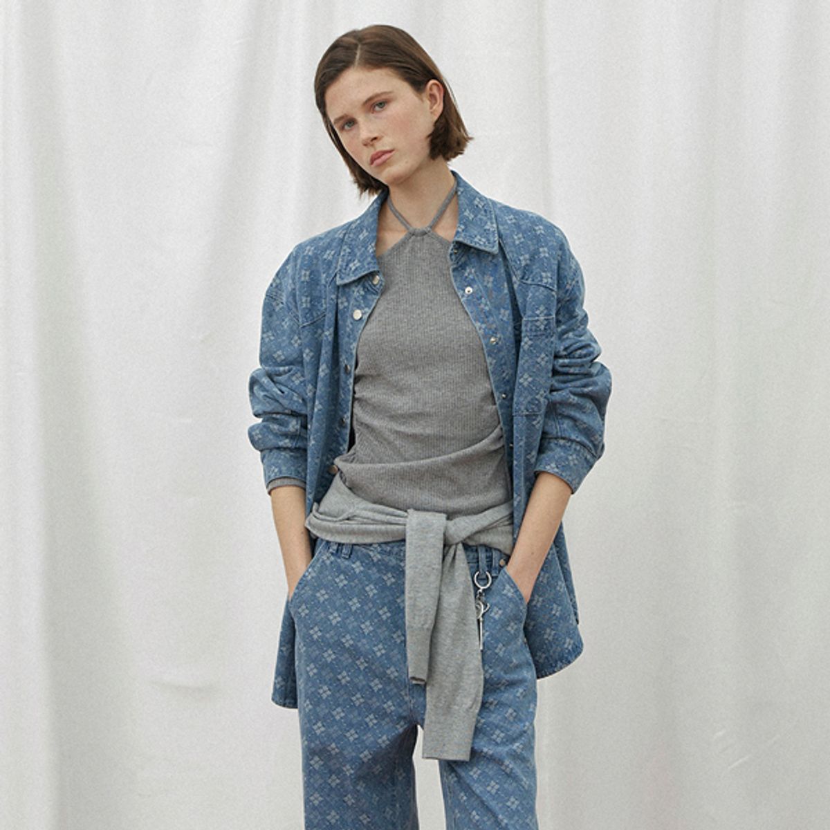 아틀리에 나인(ATELIER NAIN) LEAF PATTERN SET-UP DENIM SHIRT(BL-4272)