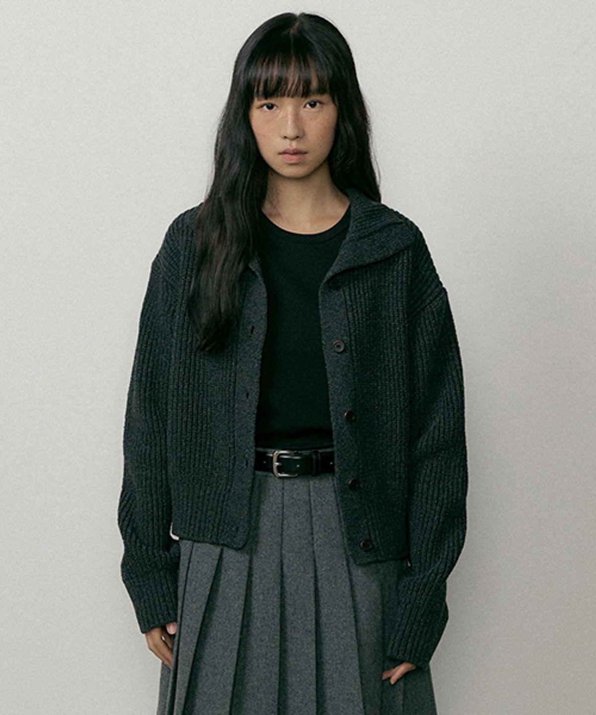 링서울(LINGSEOUL) wool high-neck knit cardigan-charcoal