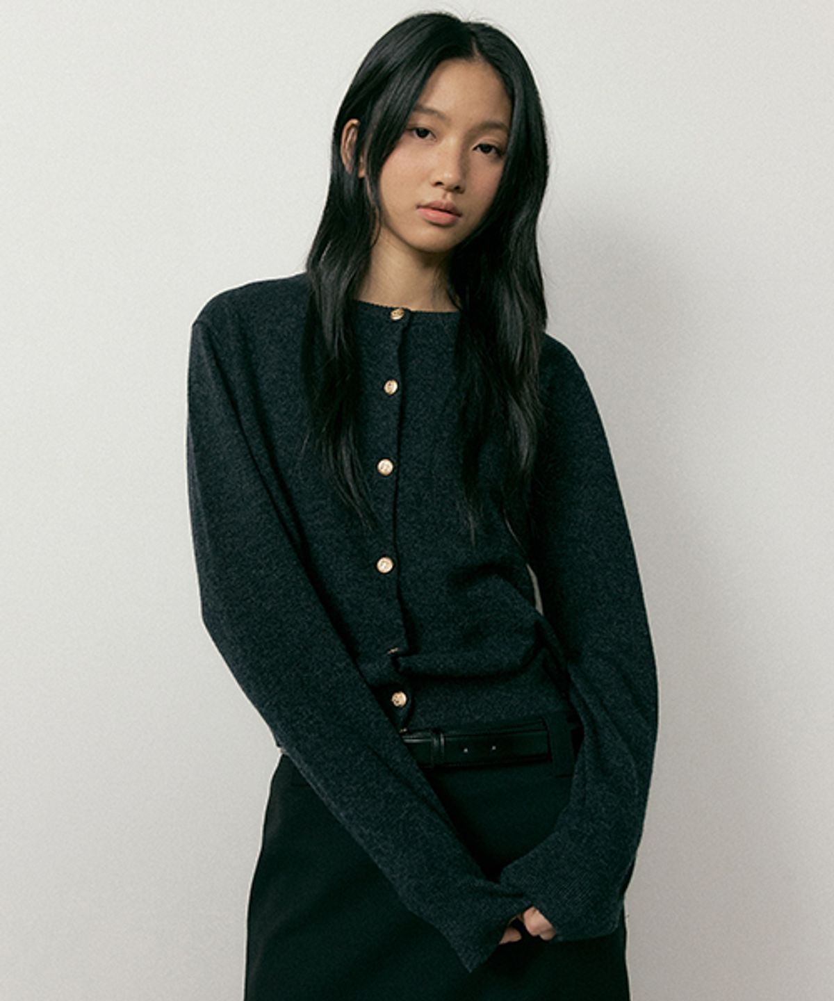 링서울(LINGSEOUL) gold button knit cardigan-charcoal