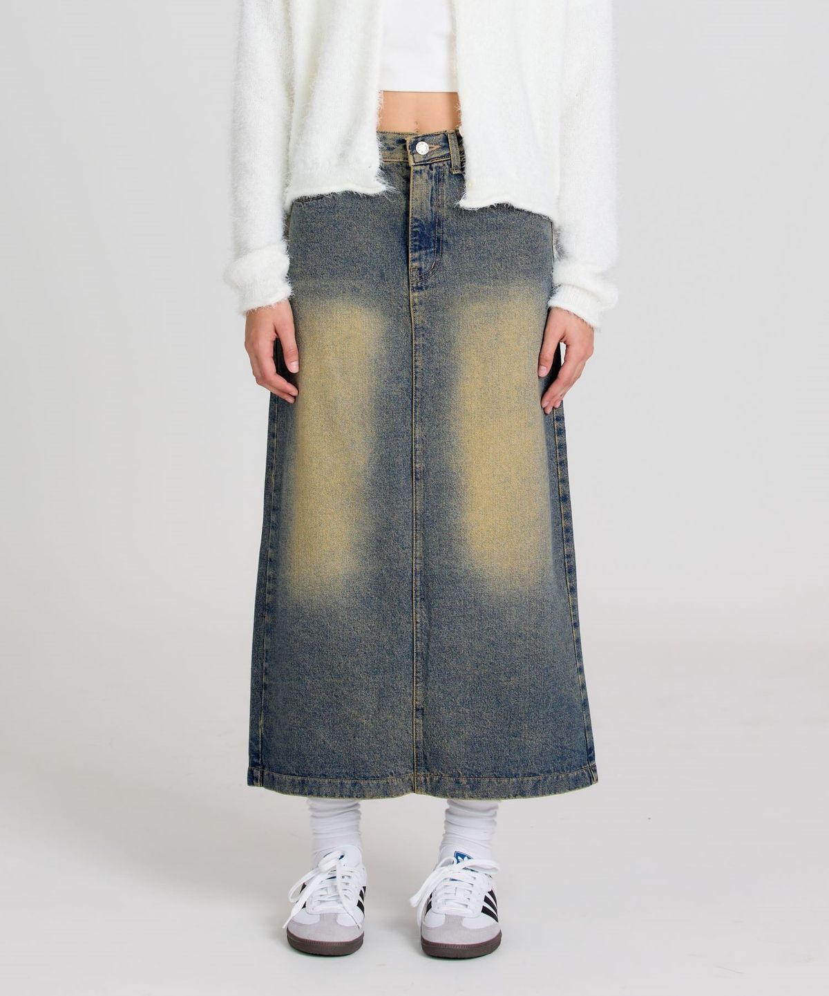버튼업(BUTTON UP) 빈티지 워시드 데님 롱스커트