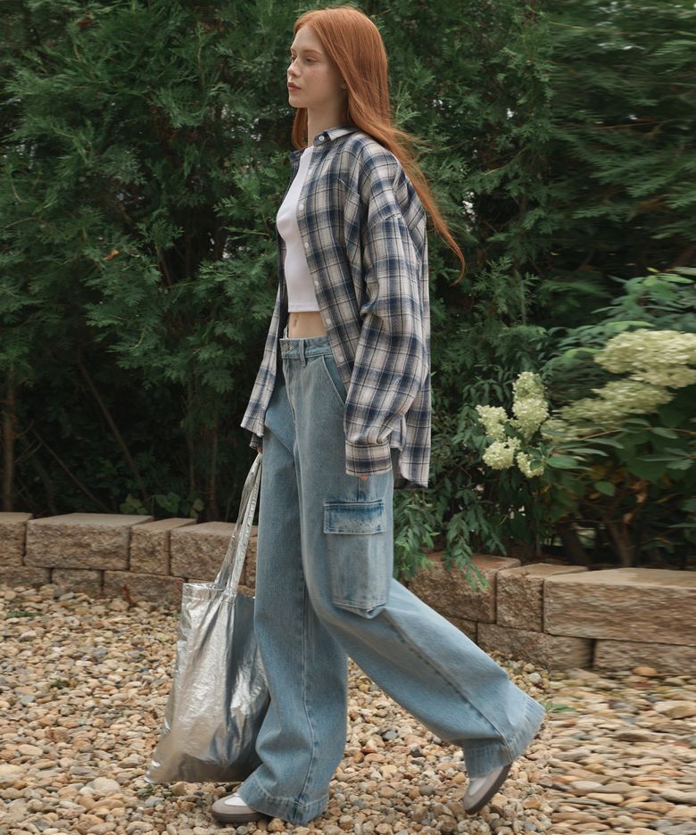 Washing cargo denim pants  Medium Blue