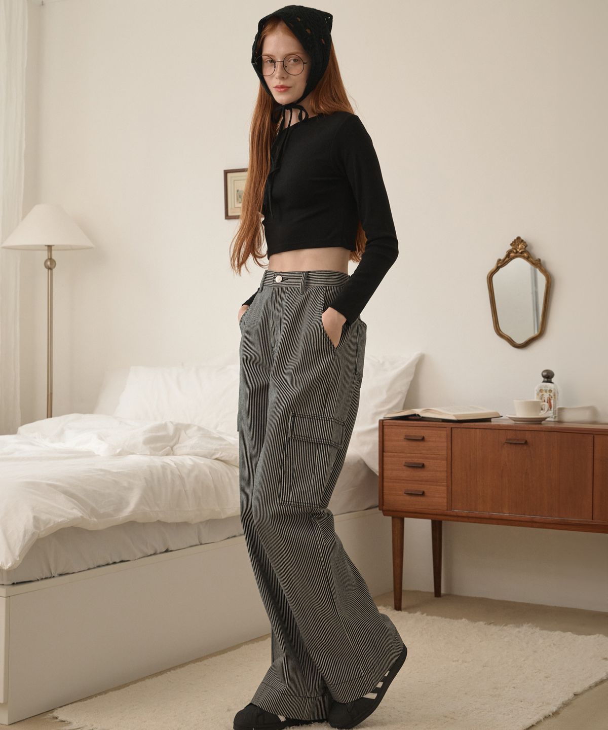 로시로우(LOSSYROW) Stripe washed cargo denim pants Black