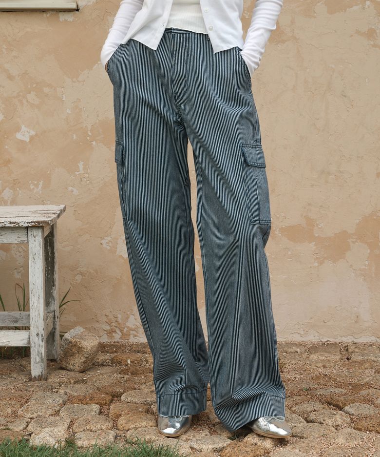 Stripe washed cargo denim pants Blue
