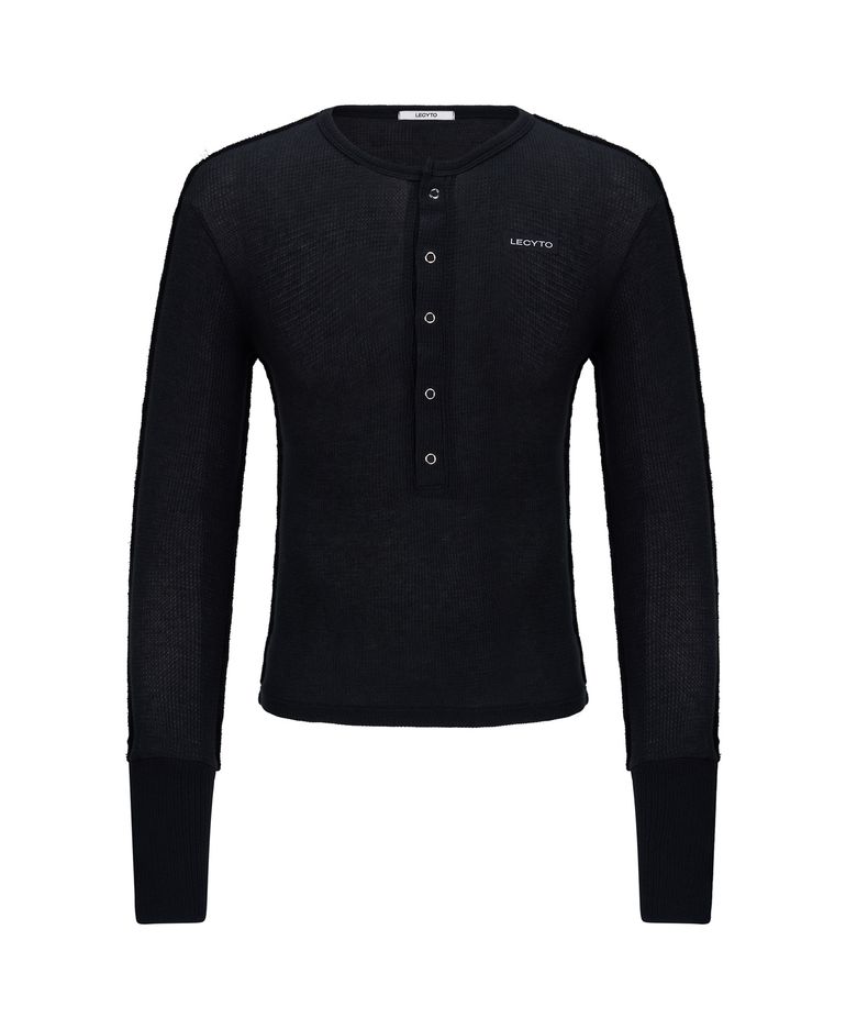Henley Neck Waffle Slim T-shirt_[Black]