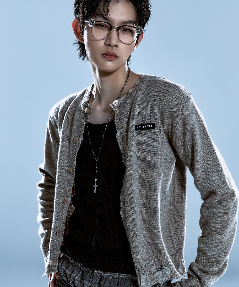 LECYTO カーディガン　韓国 MUSINSA公式 | LECYTO Destroyed Round Wool Knit Cardigan_[Beige]