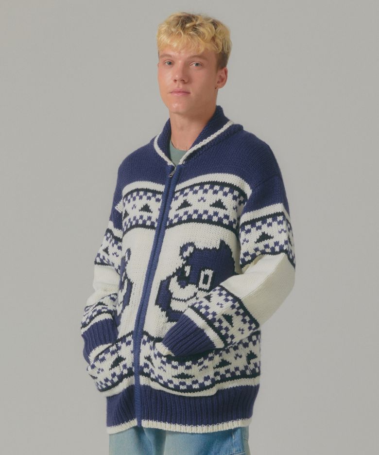 BEAR ZIP-UP COWICHAN KNIT SWEATER navy