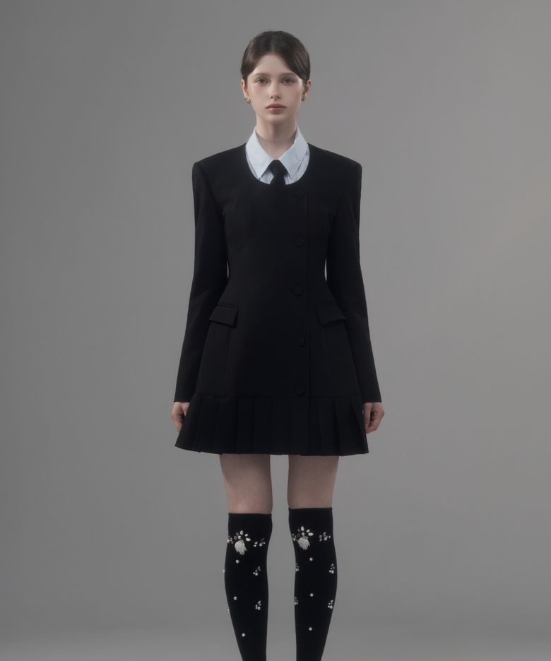 Jenn Round Neck Pleated Suit Jacket Dress - Black