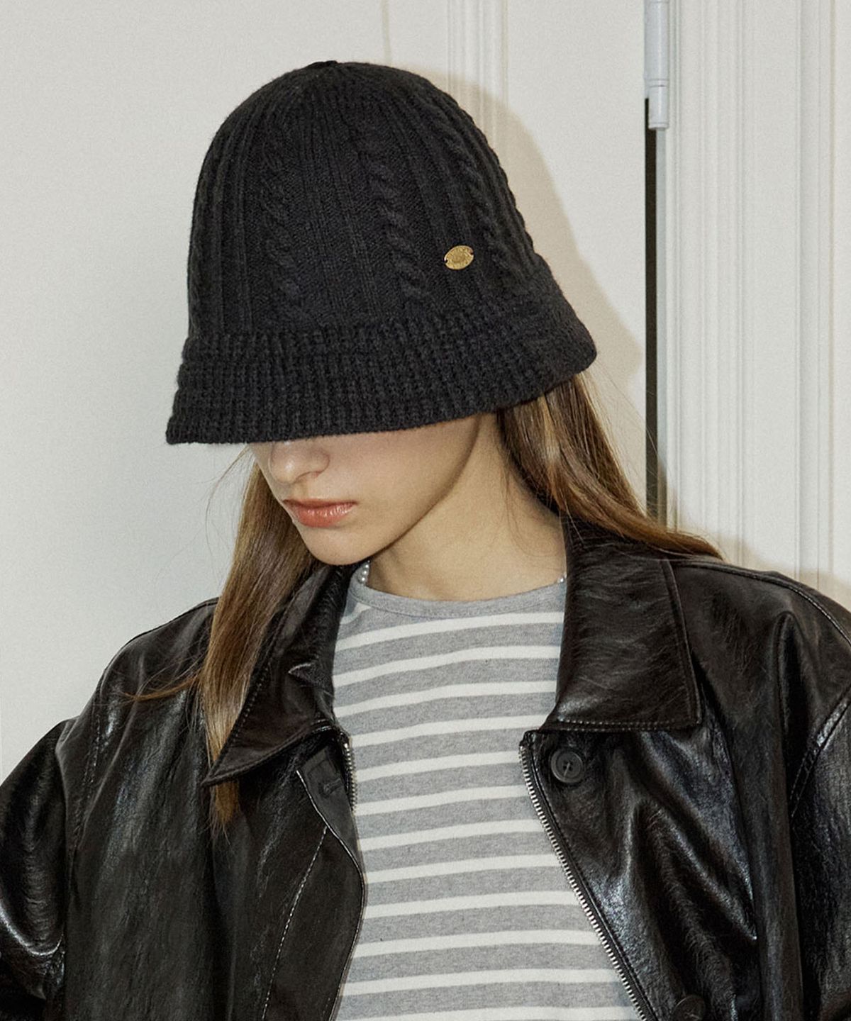 논로컬(NONLOCAL) Cable Knit Bucket Hat - Black