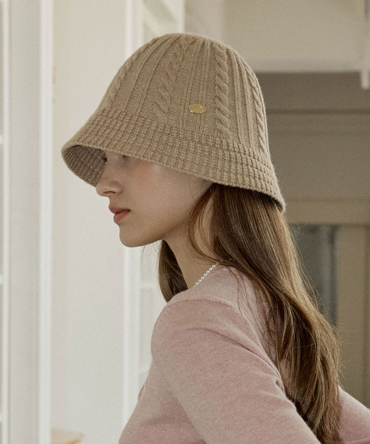 논로컬(NONLOCAL) Cable Knit Bucket Hat - Beige
