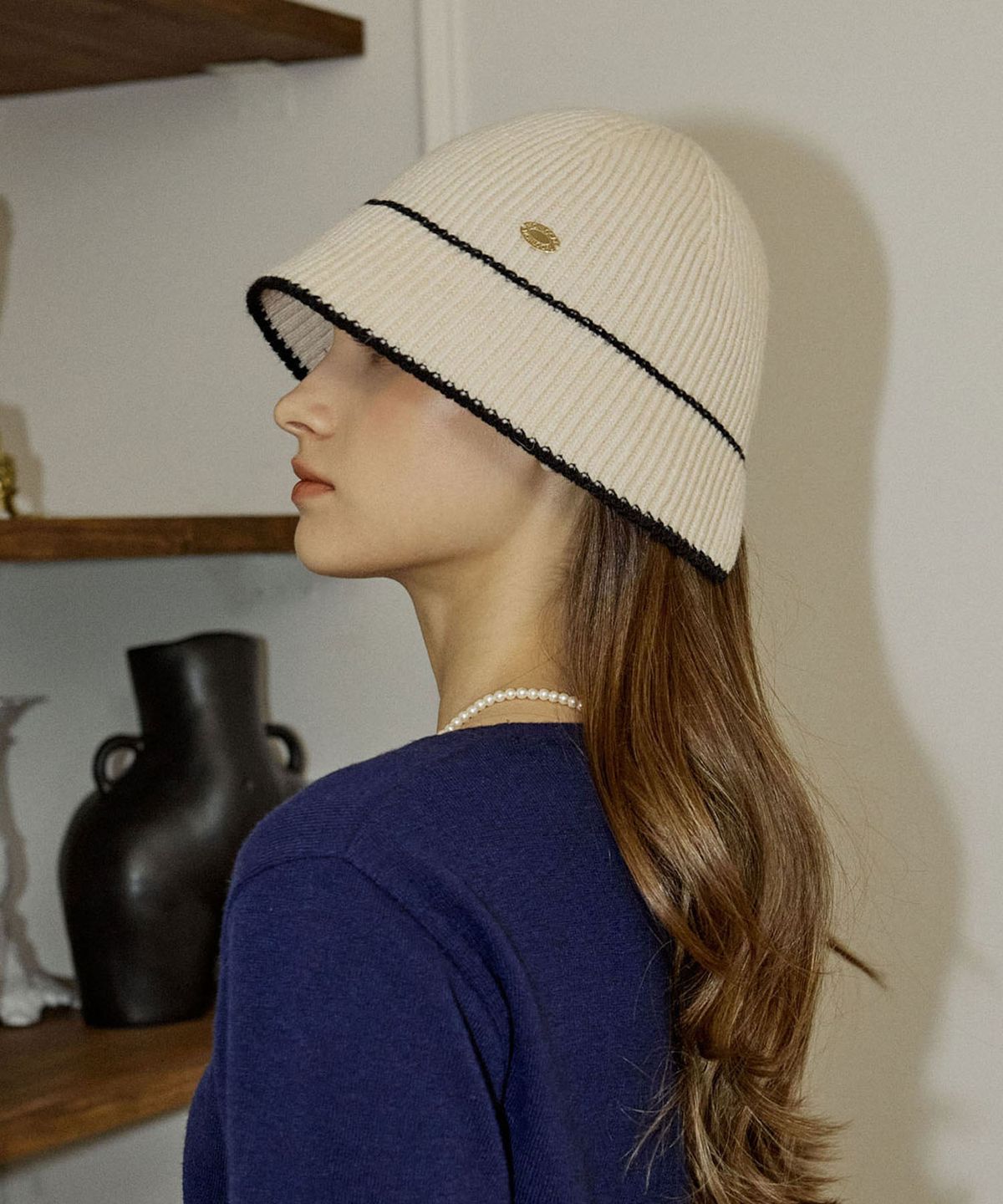 논로컬(NONLOCAL) Line Point Knit Bonnet Hat - Light Beige