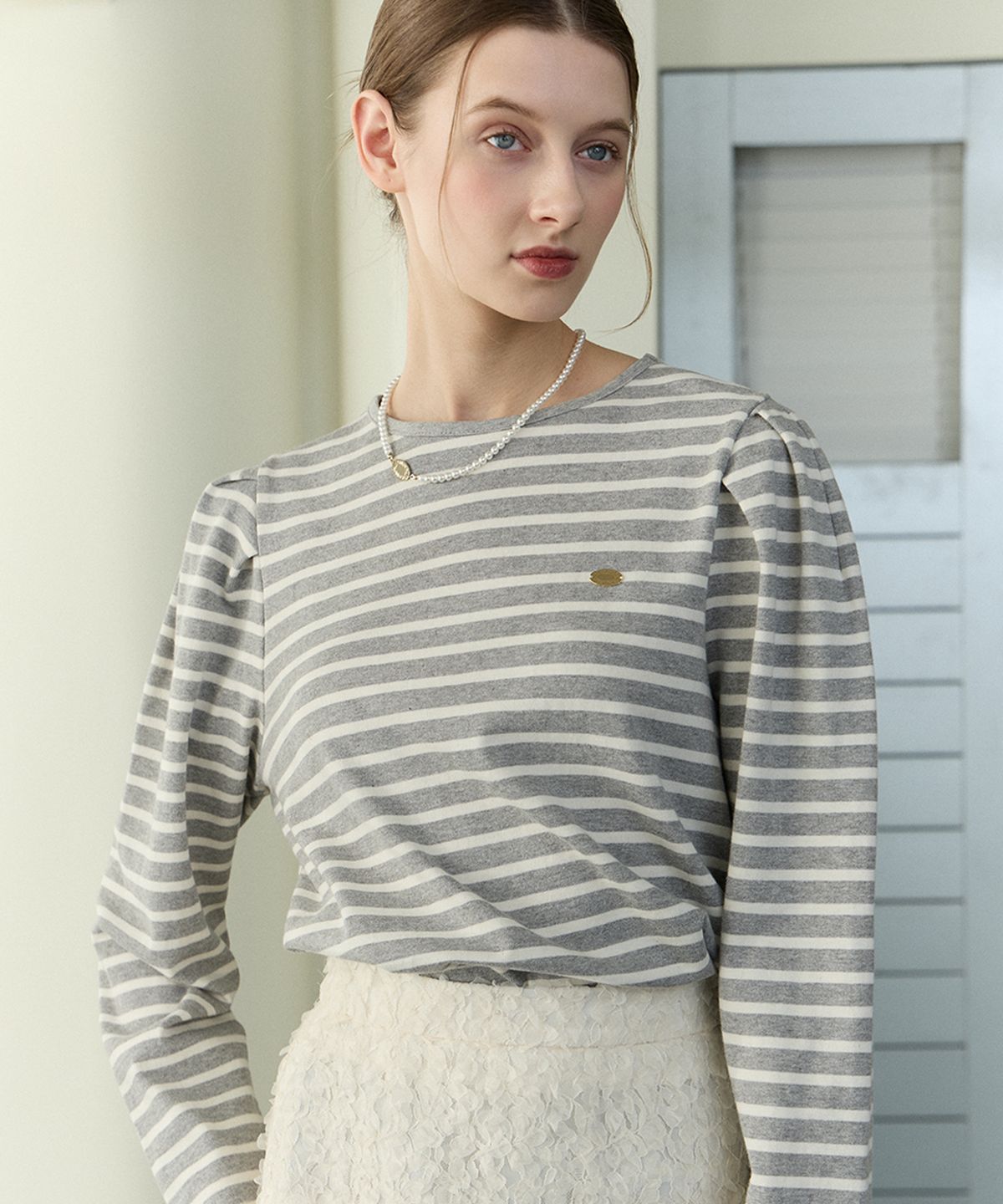 논로컬(NONLOCAL) Stripe Puff Long Sleeve - Grey