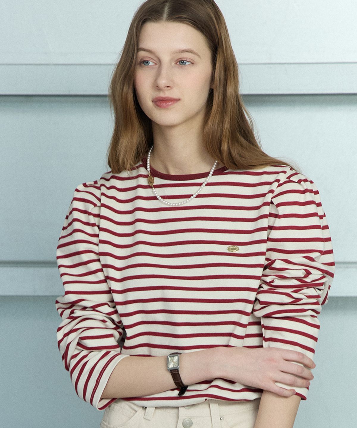 논로컬(NONLOCAL) Stripe Puff Long Sleeve - Wine