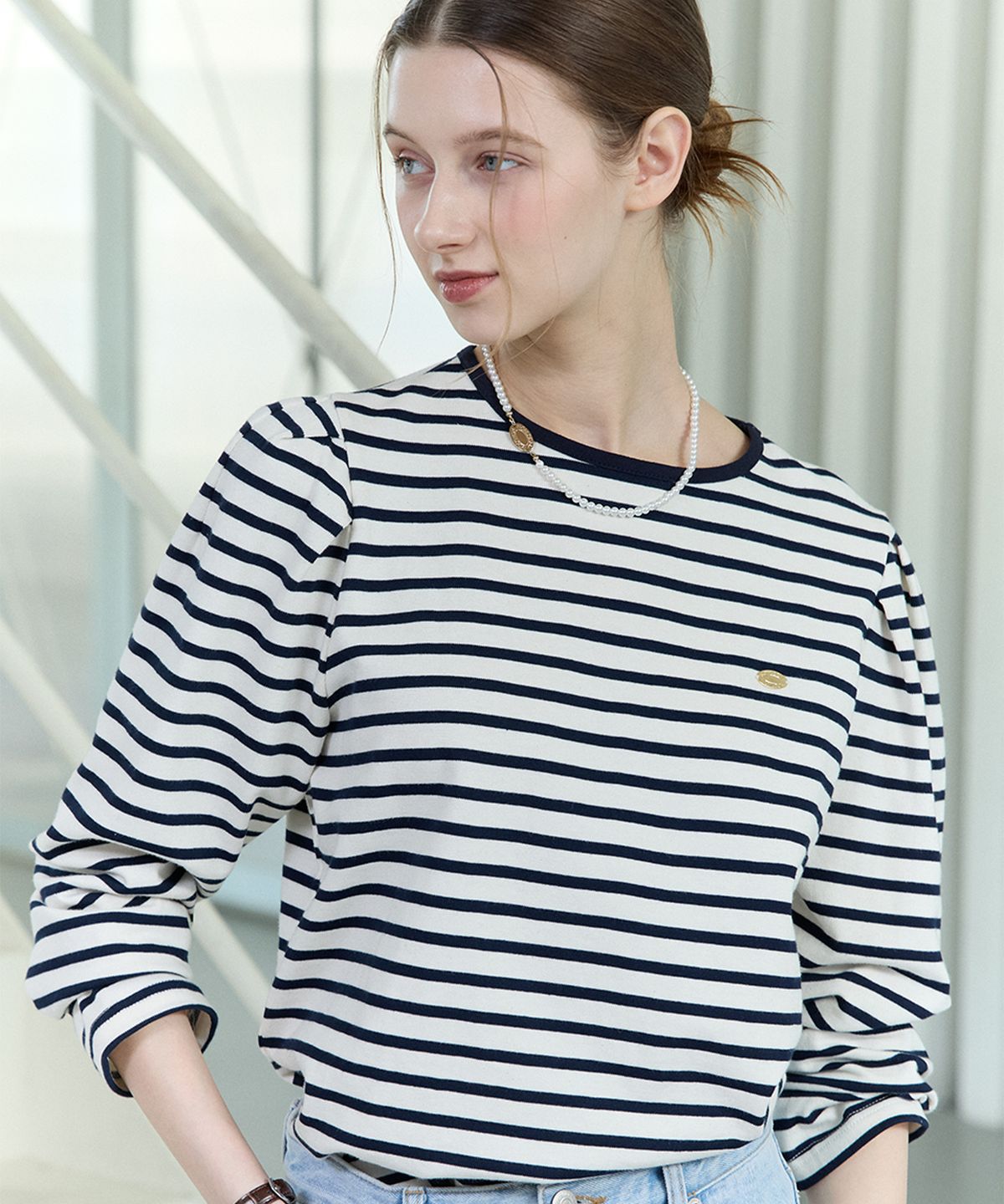 논로컬(NONLOCAL) Stripe Puff Long Sleeve - Navy