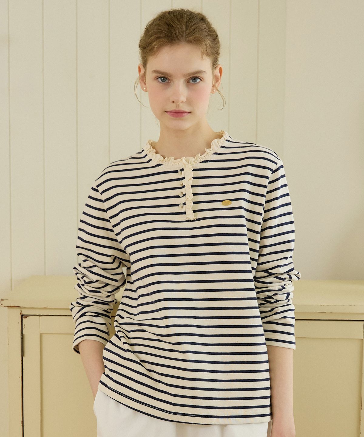 논로컬(NONLOCAL) Neck Frill Stripe Long Sleeve - Navy