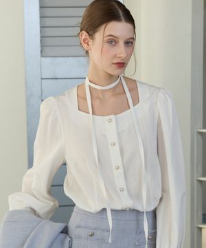 Ribbon Tie Square Neck Blouse - White