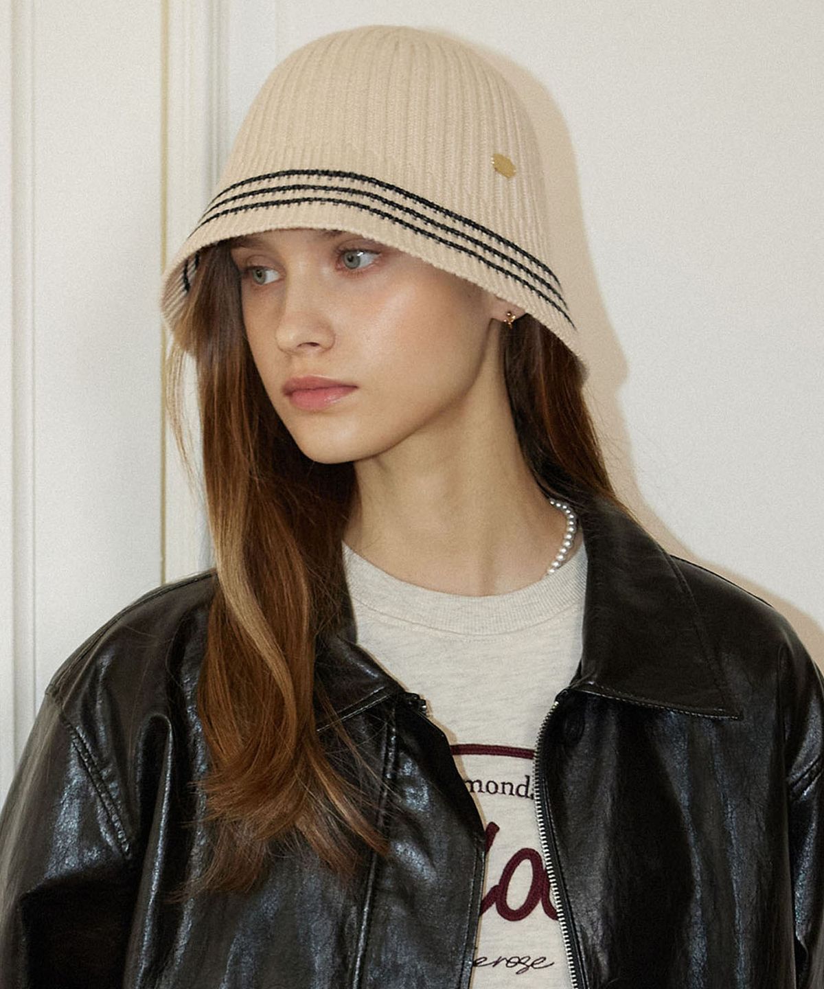 논로컬(NONLOCAL) Three Stripe Knit Bucket Hat - Light Beige