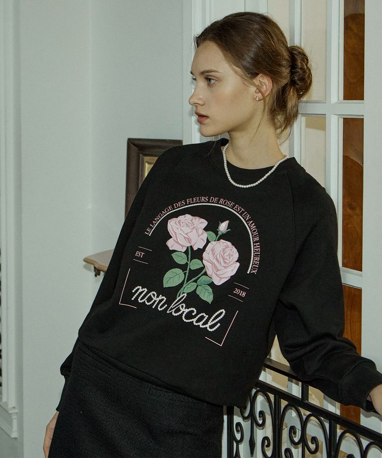 Rose Pearl Print Sweatshirt - Black
