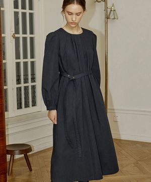 Round Neck Easy Belt Dress - Navy