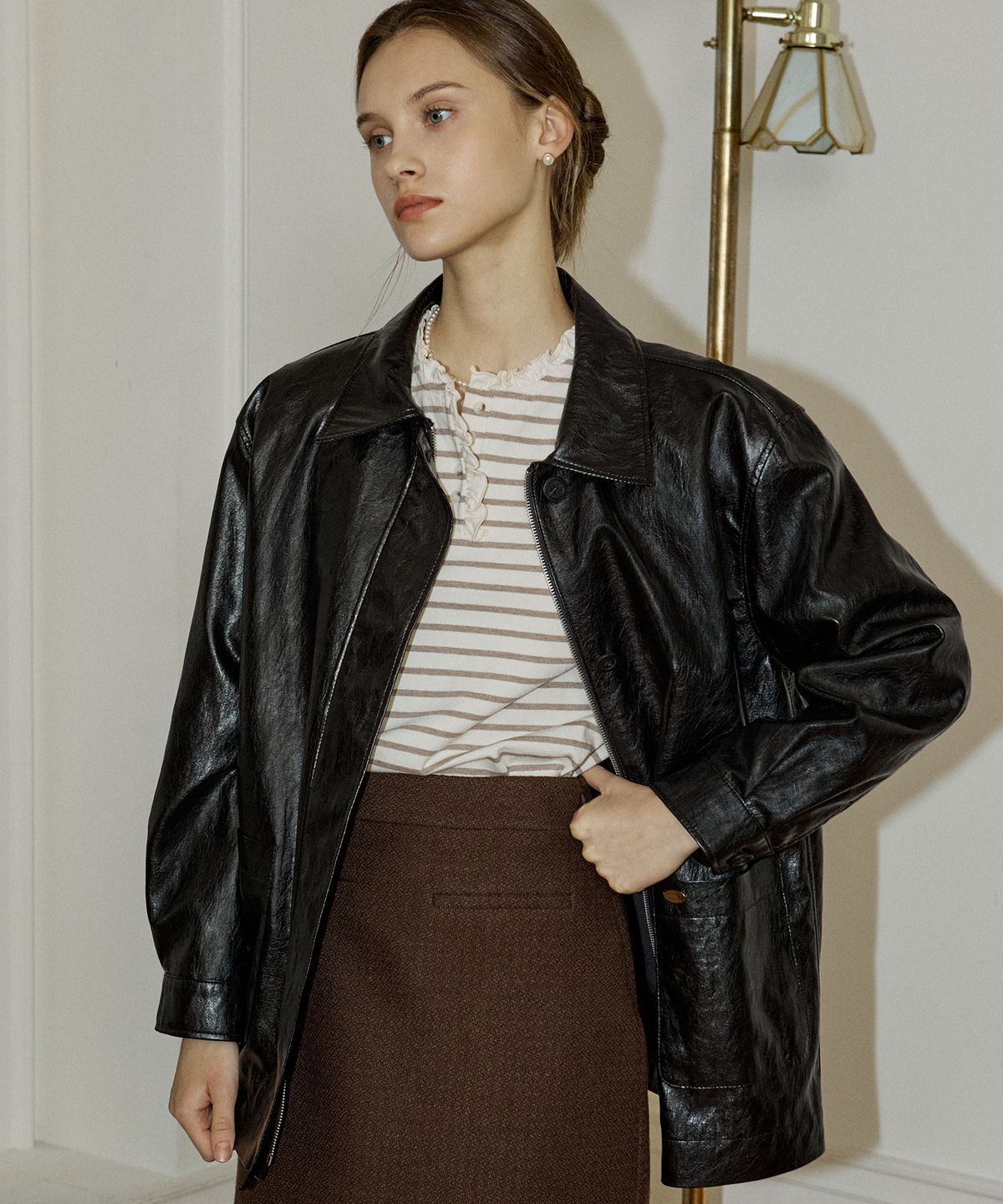 논로컬(NONLOCAL) Hidden Button Faux Leather Half Jacket - Black
