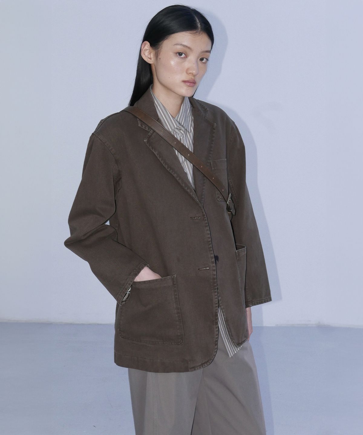 엔오르(EN OR) SINGLE BREASTED DENIM BLAZER - BROWN