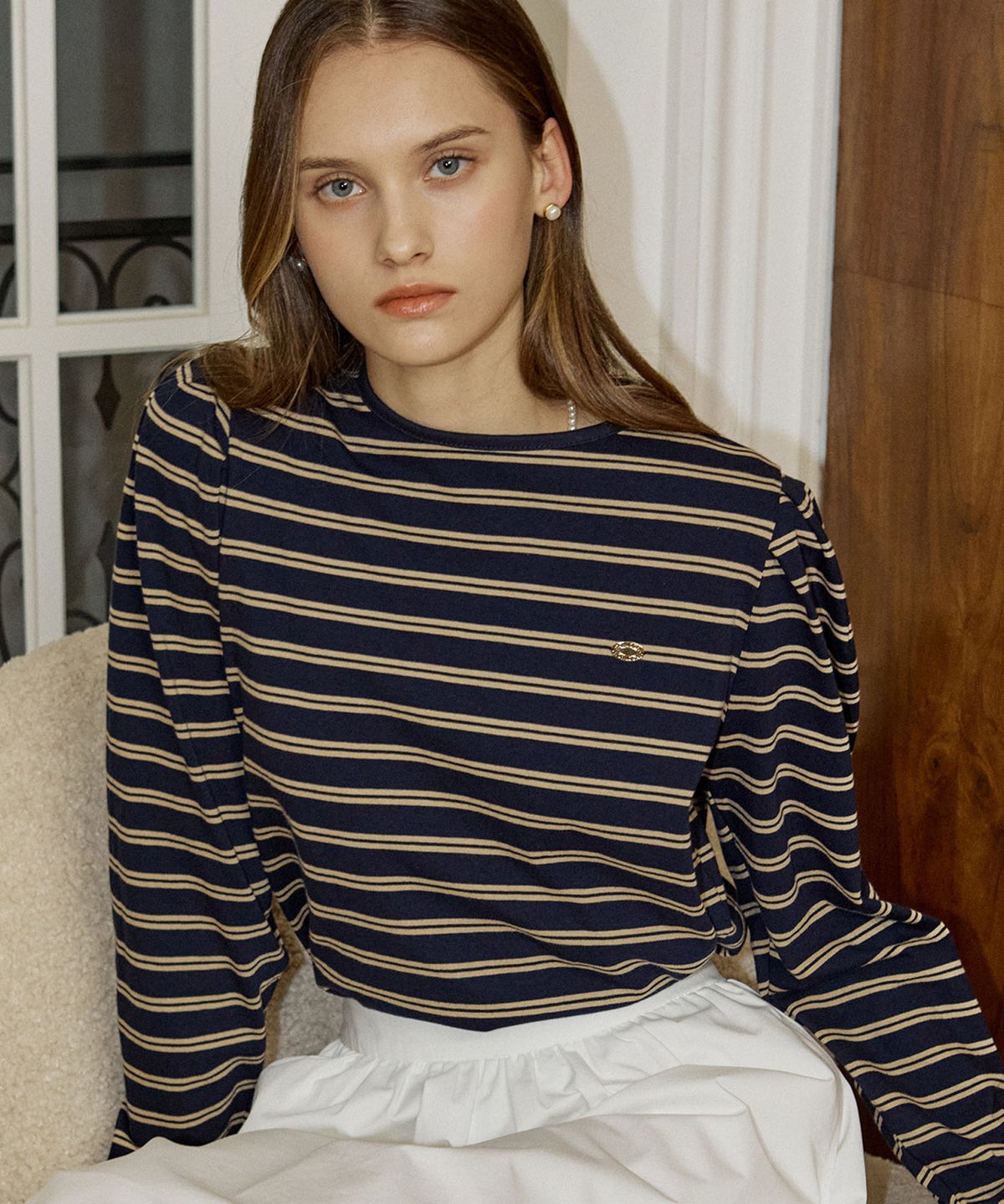 논로컬(NONLOCAL) Double Stripe Puff Long Sleeve - Navy