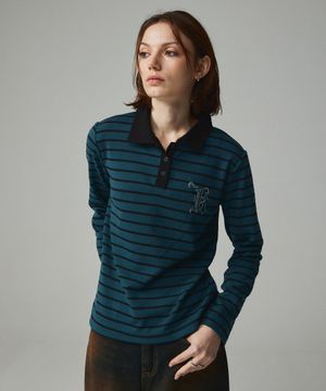 로고 자수 스트라이프 배색 카라티 딥그린