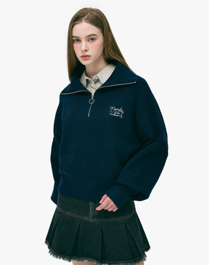 우먼스 러블리 레터 울 블렌디드 하프 집업 스웨터 (아이보리/네이비)