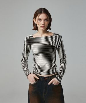 스트라이프 오프숄더 롱슬리브 티셔츠 아이보리