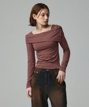 스트라이프 오프숄더 롱슬리브 티셔츠 버건디