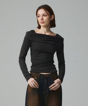 스트라이프 오프숄더 롱슬리브 티셔츠 카키