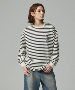 심플 로고 자수 스트라이프 티셔츠 아이보리&블랙