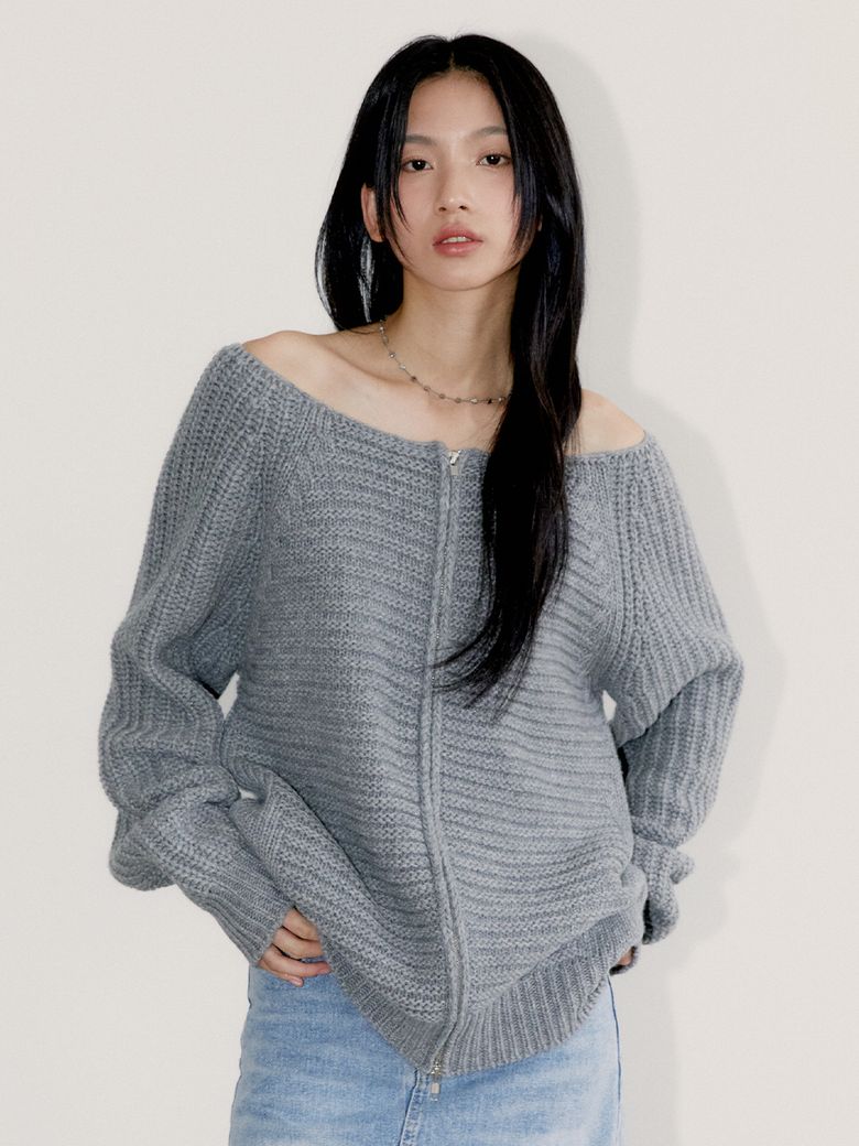 OFF SHOULDER KNIT ZIP-UP, GRAY