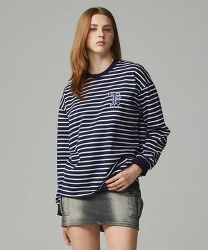 심플 로고 자수 스트라이프 티셔츠 네이비