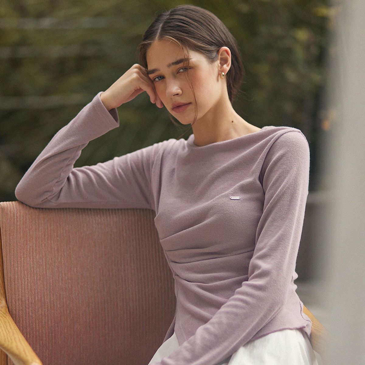 어다울(ADAUL) Unbalance shirring slit t shirts - vintage pink