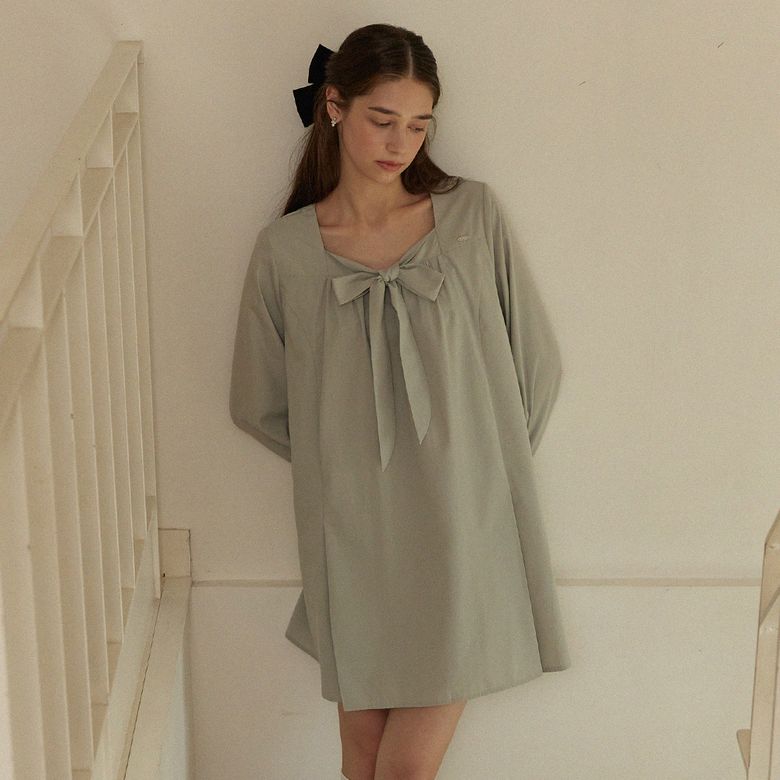 Flare ribbon tie mini dress - khaki
