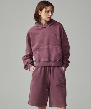 피그먼트 어센틱 자수 크롭 후드 와인