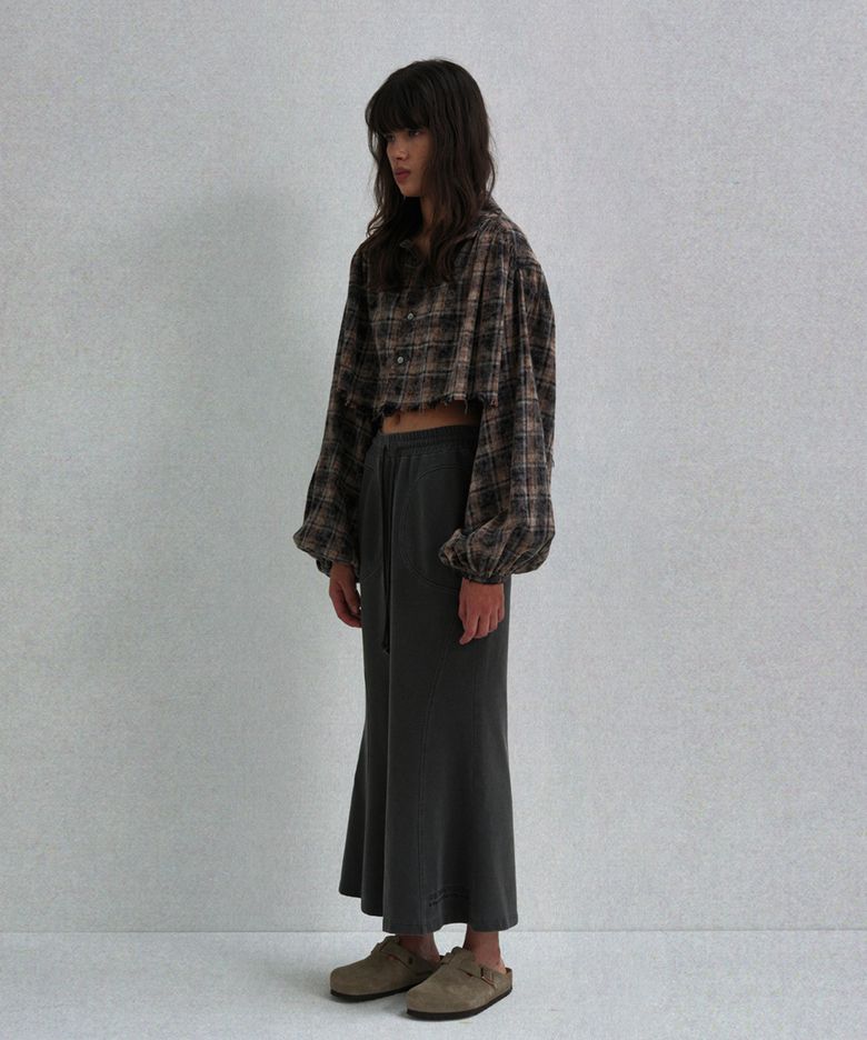 WASHED CHECK SHIRRING SHIRT_BROWN