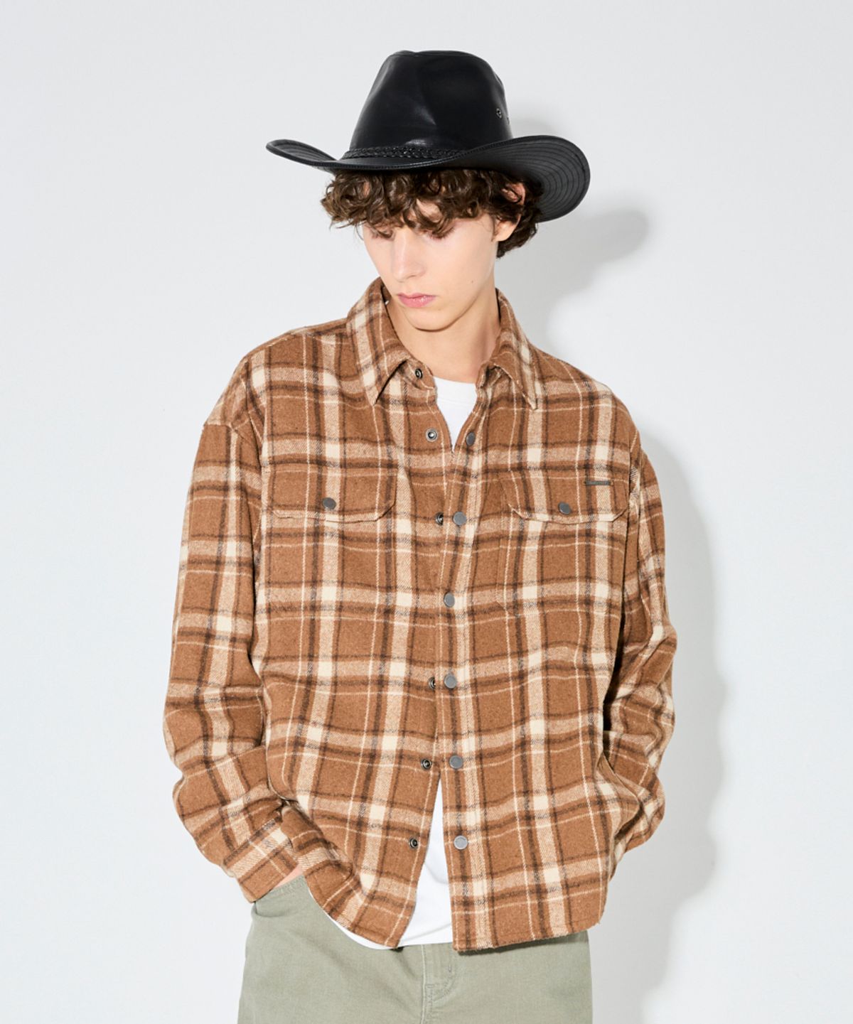 버커루(BUCKAROO) 플란넬 투포켓 체크 셔츠 브라운