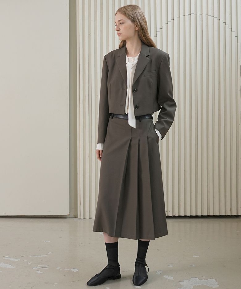 LEATHER BAND WOOL SKIRT / BROWN