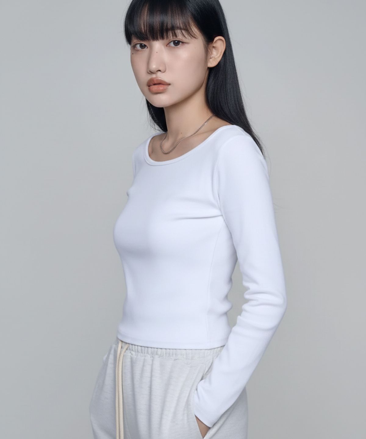 칙스(CHICKS) 워닛 보트넥 긴팔 티셔츠 White