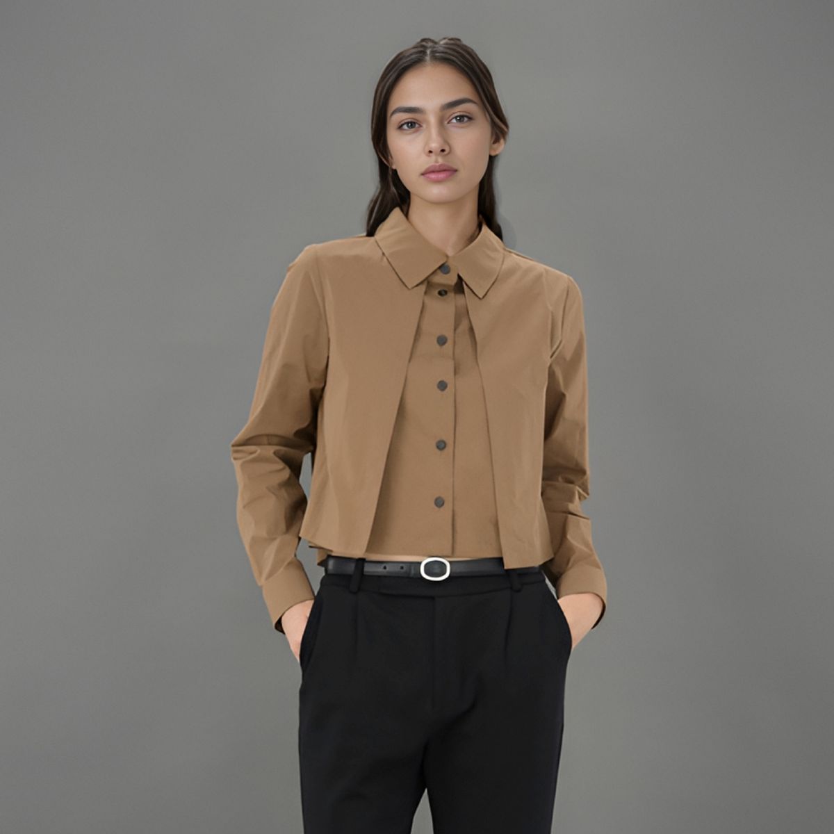 아쿠드(ACUD) Layered Cropped Shirt _D.Beige