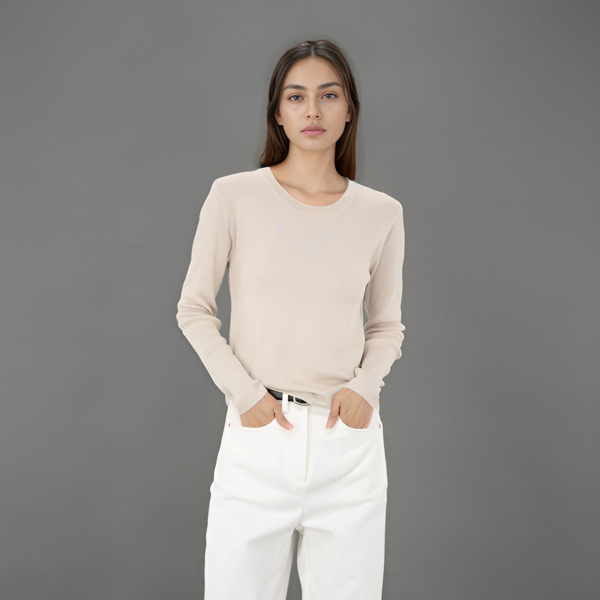 아쿠드(ACUD) Ribbed Round Neck Knit _L.Beige
