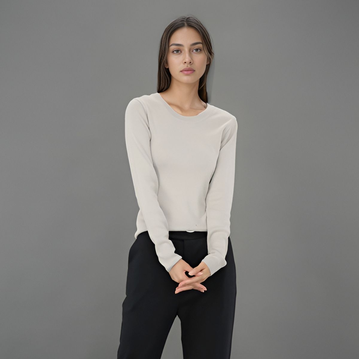 아쿠드(ACUD) Ribbed Round Neck Knit _L.Grey