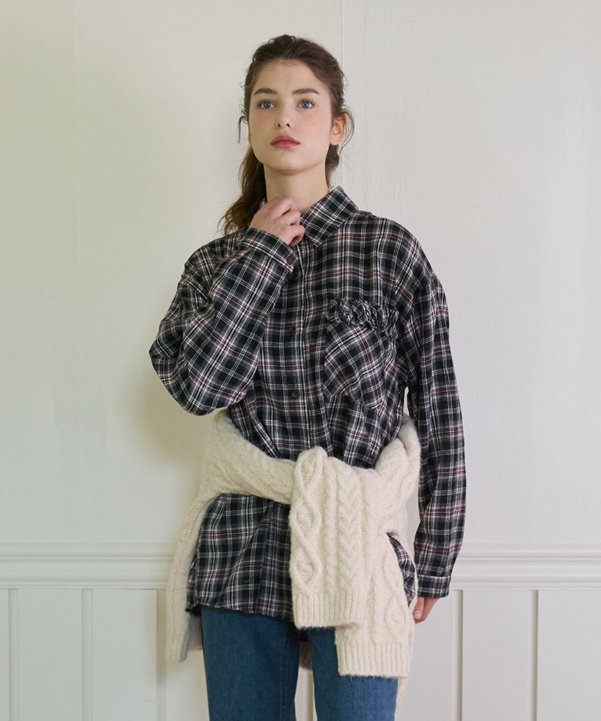 핑크파인애플(PINK PINEAPPLE) CHECK FRILL POCKET SHIRT_BLACK