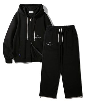 스마일 자수 로고 2WAY 버튼 후드집업 세미와이드 팬츠 셋업 BK7985_9985