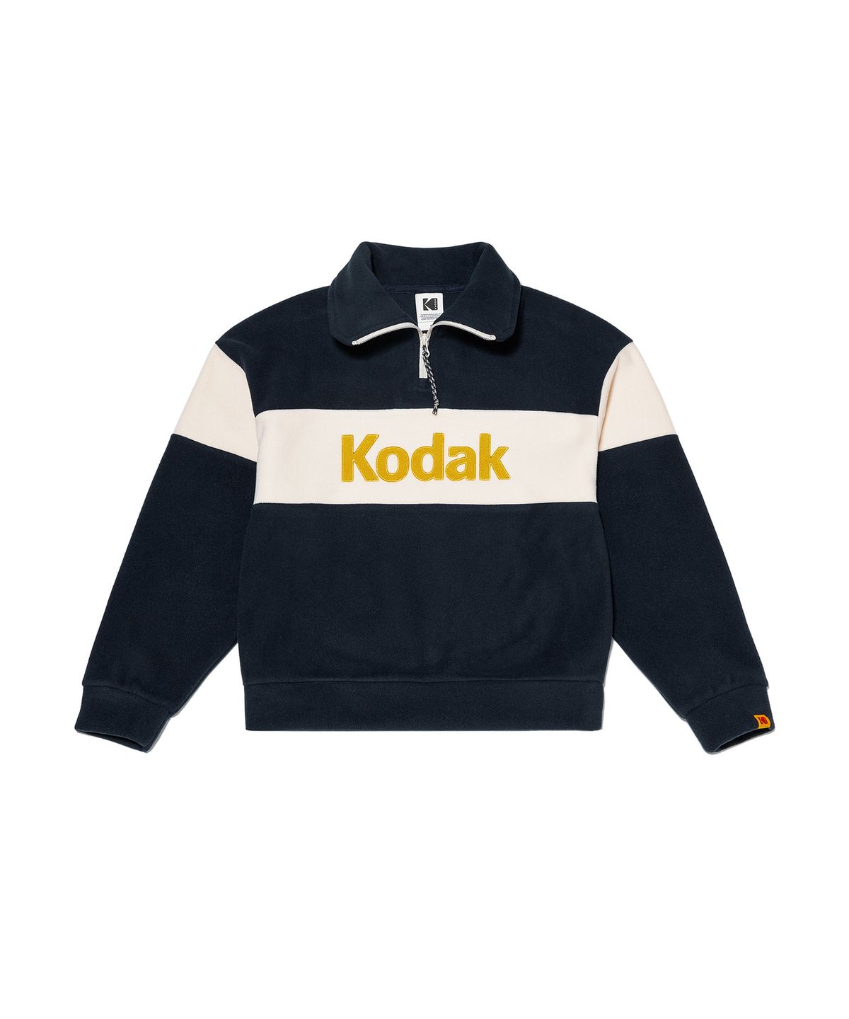 코닥(KODAK) 빅로고 블록 마이크로플리스 세미오버핏 반집업 맨투맨 우먼 NAVY