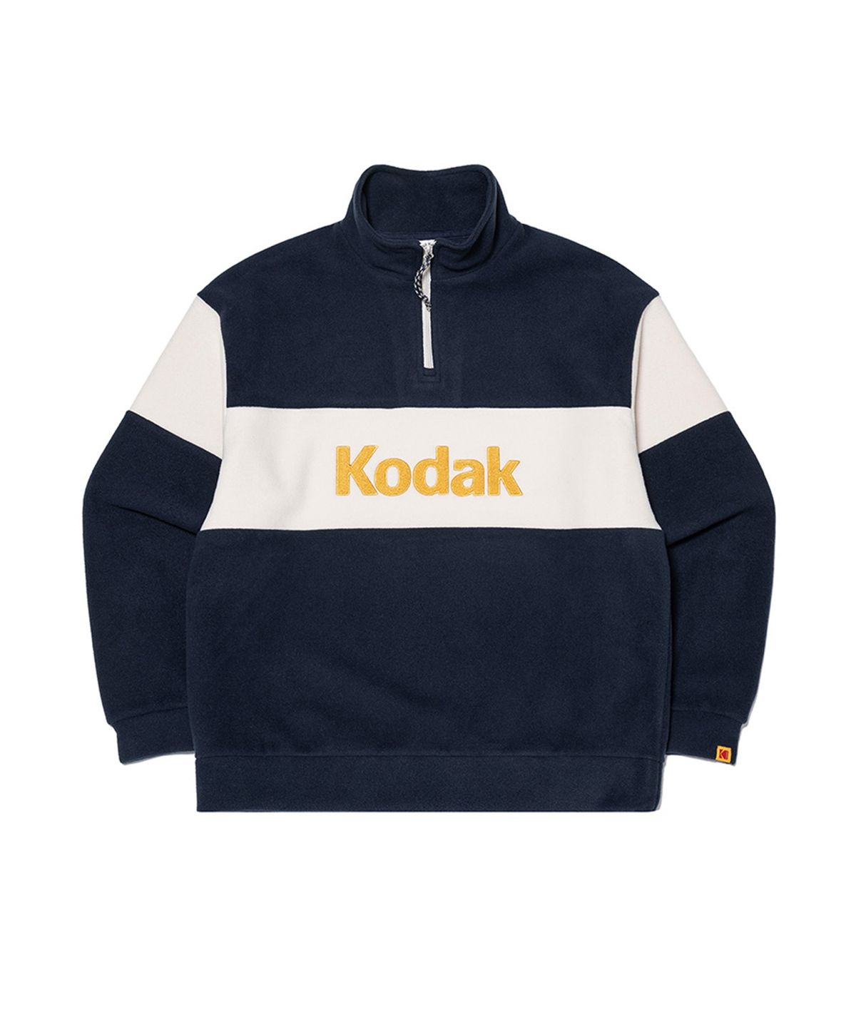 코닥(KODAK) 빅로고 블록 마이크로플리스 세미오버핏 반집업 맨투맨 NAVY